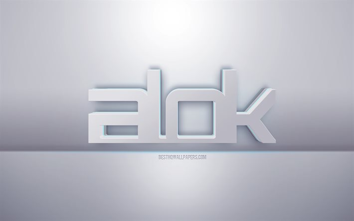 Alok 3d valkoinen logo, harmaa tausta, Alok logo, luova 3d taide, Alok, 3d tunnus