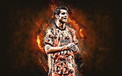 Alvaro Morata, Juventus FC, Spanish footballer, orange stone background, football