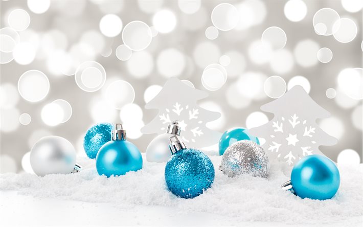 Bolas de Natal azuis, feliz ano novo, neve, inverno, fundo de Natal, bolas de Natal, flocos de neve