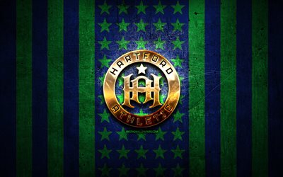 Hartford Athletic bayrak, USL, mavi yeşil metal arka plan, amerikan futbol kul&#252;b&#252;, Hartford Athletic logosu, ABD, futbol, Hartford Athletic FC, altın logo