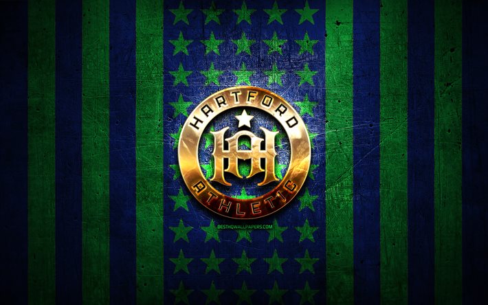علم هارتفورد أتلتيك, USL, خلفية معدنية خضراء زرقاء, نادي كرة القدم الأمريكي, شعار هارتفورد أثليتيك, الولايات المتحدة الأمريكية, كرة قدم, هارتفورد أثليتيك, الشعار الذهبي