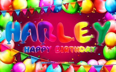 Happy Birthday Harley, 4k, colorful balloon frame, Harley name, purple background, Harley Happy Birthday, Harley Birthday, popular american female names, Birthday concept, Harley