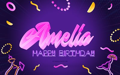 Happy Birthday Amelia, 4k, Purple Party Background, Amelia, creative art, Happy Amelia birthday, Amelia name, Amelia Birthday, Birthday Party Background