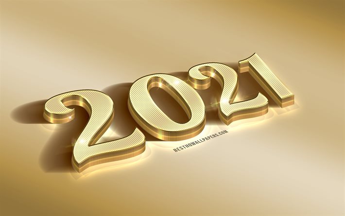 Nouvel an 2021, lettres en m&#233;tal or 3d, fond d&#39;or 2021 3d, concepts 2021, bonne ann&#233;e