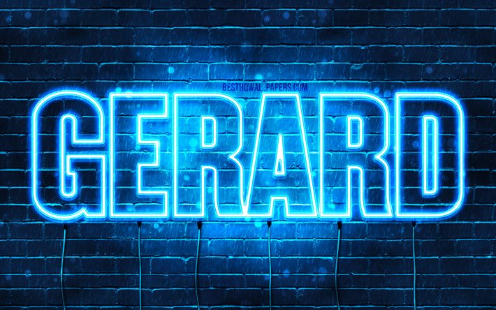 Gerard, 4k, pap&#233;is de parede com nomes, nome de Gerard, luzes de n&#233;on azuis, feliz anivers&#225;rio Gerard, nomes masculinos espanh&#243;is populares, foto com o nome de Gerard
