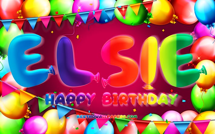 Buon compleanno Elsie, 4k, cornice di palloncini colorati, nome Elsie, sfondo viola, buon compleanno Elsie, compleanno di Elsie, nomi femminili americani popolari, concetto di compleanno, Elsie