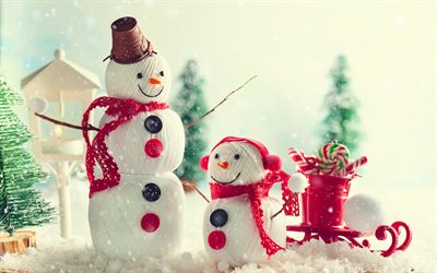 Snowmen, Christmas, Happy New Year, winter, Merry Christmas, background with snowmen, red sleigh