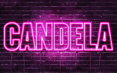 Candela, 4k, fonds d&#39;&#233;cran avec des noms, des noms f&#233;minins, nom de Candela, n&#233;ons violets, joyeux anniversaire Candela, noms f&#233;minins espagnols populaires, photo avec le nom de Candela