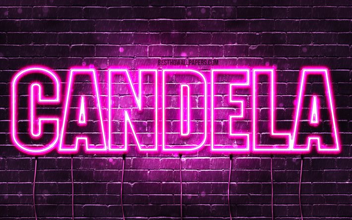 Candela, 4k, fonds d&#39;&#233;cran avec des noms, des noms f&#233;minins, nom de Candela, n&#233;ons violets, joyeux anniversaire Candela, noms f&#233;minins espagnols populaires, photo avec le nom de Candela