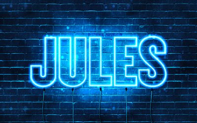 Jules, 4k, wallpapers with names, Jules name, blue neon lights, Happy Birthday Jules, popular french male names, picture with Jules name