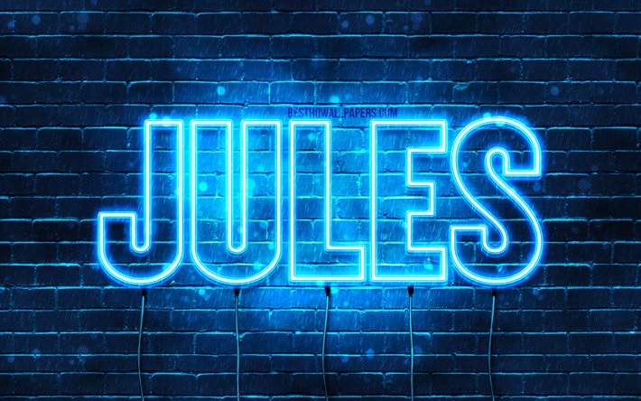 Jules, 4k, fonds d&#39;&#233;cran avec des noms, nom de Jules, n&#233;ons bleus, joyeux anniversaire Jules, noms masculins fran&#231;ais populaires, photo avec le nom de Jules
