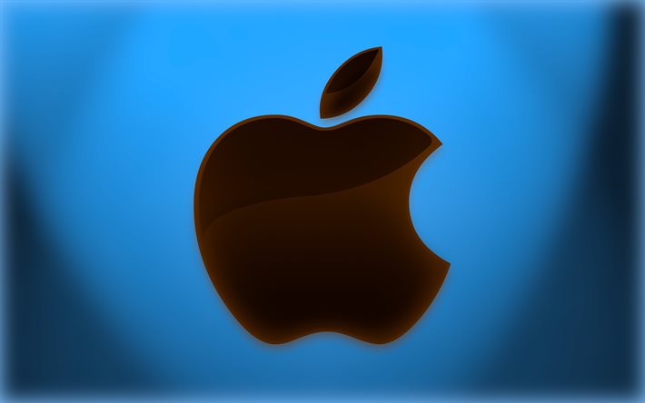 Logo Apple, sfondo blu, logo in vetro marrone, Apple, sfondo Apple blu