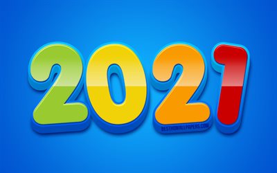 4k, Happy New Year 2021, cifre 3D colorate, 2021 cifre colorate, concetti 2021, 2021 anno nuovo, 2021 su sfondo blu, cifre anno 2021