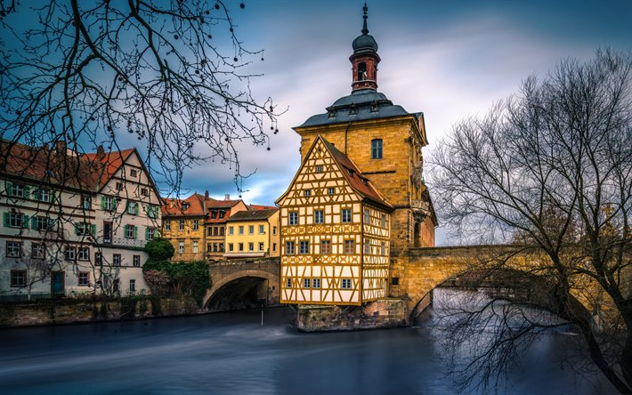 Altes Rathaus, Bamberg, river Main, old town hall, sunset, Bamberg cityscape, Upper Franconia, Germany