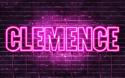 Clemence, 4k, sfondi con nomi, nomi femminili, nome Clemence, luci al neon viola, buon compleanno Clemence, nomi femminili francesi popolari, foto con nome Clemence