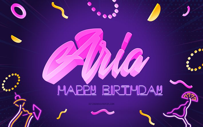 誕生日おめでとう, 4k, 紫のパーティーの背景, アリア, クリエイティブアート, ハッピーアリアの誕生日, アリア名, アリアの誕生日, 誕生日パーティーの背景