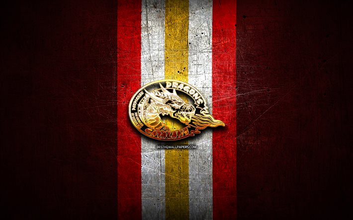 Catalans Dragons, golden logo, SLE, red metal background, english rugby club, Catalans Dragons logo, rugby