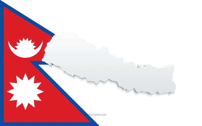 Nepal harita silueti, Nepal Bayrağı, bayrakta siluet, Nepal, 3d Nepal haritası silueti, Nepal bayrağı, Nepal 3d haritası