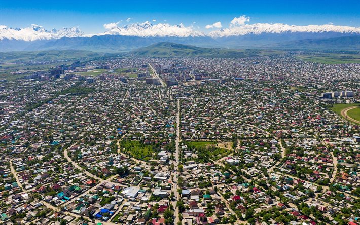 Bishkek, mattina, panorama di Bishkek, paesaggio urbano di Bishkek, edifici, Kirghizistan