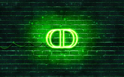 クリスチャンディオールグリーンロゴ, 4k, 緑のレンガの壁, Christian Dior（クリスチャン・ディオール/ディオール）, ファッションブランド, クリスチャンディオールネオンロゴ