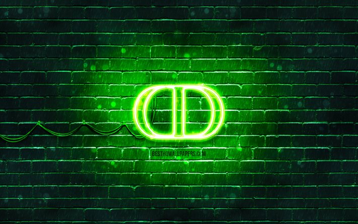 Christian Dior green logo, 4k, green brickwall, Christian Dior logo, fashion brands, Christian Dior neon logo, Christian Dior