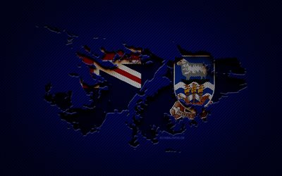 Falkland Islands map, 4k, South American countries, Falkland Islands flag, blue carbon background, Falkland Islands map silhouette, South America, Falkland Islands, flag of Falkland Islands