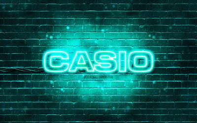 Casio turkoosi logo, 4k, turkoosi tiilisein&#228;, Casio logo, tuotemerkit, Casio neon logo, Casio