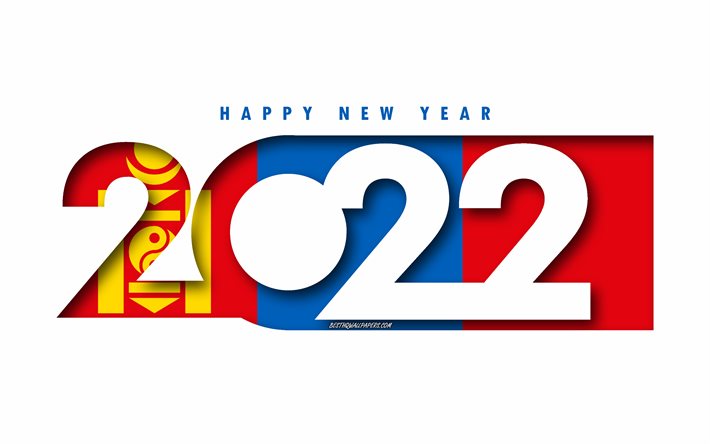 Felice Anno Nuovo 2022 Mongolia, sfondo bianco, Mongolia 2022, Mongolia 2022 Anno nuovo, 2022 concetti, Mongolia, Bandiera della Mongolia