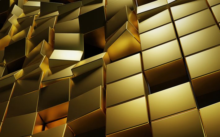 ゴールドの3Dキューブ, 3Dキューブの背景, ゴールド, ゴールドの3D背景, 金の3Dキューブの背景, キューブの背景