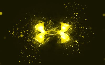 Under Armour yellow logo, 4k, yellow neon lights, creative, yellow abstract background, Under Armour logo, brands, Under Armour