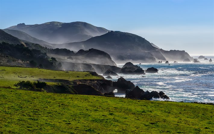 Stilla havet, kusten, stenar, morgon, hav, v&#229;gor, dimma, Kalifornien, USA