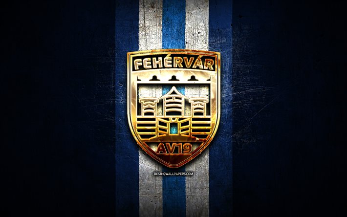 Fehervar AV19, golden logo, ICE Hockey League, blue metal background, austrian hockey team, Fehervar AV19 logo, hockey