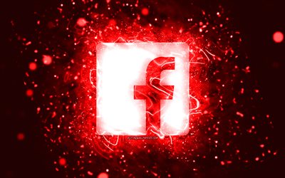 Facebookの赤いロゴ, 4k, 赤いネオンライト, creative クリエイティブ, 赤い抽象的な背景, Facebookのロゴ, ソーシャルネットワーク, Facebook