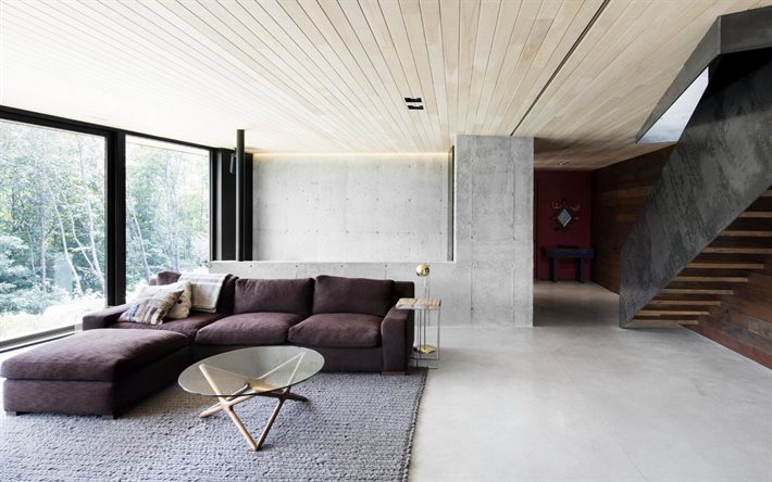 sala de estar em estilo loft, casa de campo, escada de concreto na casa, design de interiores elegante, sala de estar, design de interiores moderno