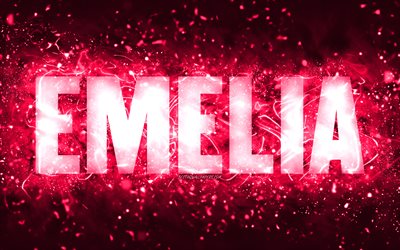 Buon Compleanno Emelia, 4k, luci al neon rosa, nome Emelia, creativo, Emelia Buon Compleanno, Emelia Compleanno, nomi femminili americani popolari, foto con nome Emelia, Emelia