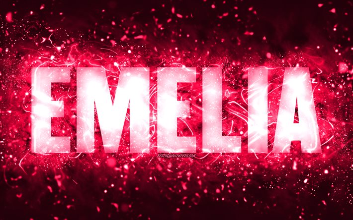 Feliz Anivers&#225;rio Emelia, 4k, luzes de n&#233;on rosa, nome Emelia, criativa, Emelia Feliz Anivers&#225;rio, Emelia Anivers&#225;rio, nomes femininos populares americanos, foto com o nome Emelia, Emelia
