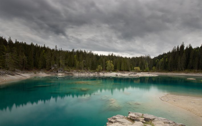 lac de montagne, lac glaciaire, for&#234;t, temps nuageux, environnement, lac, Canada