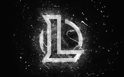 League of Legends logo bianco, 4k, LoL, luci al neon bianche, creativo, sfondo astratto nero, logo League of Legends, logo LoL, giochi online, League of Legends