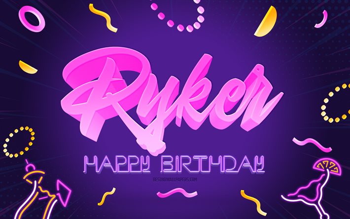 お誕生日おめでとうライカー, 4k, 紫のパーティーの背景, ライカー, クリエイティブアート, ライカーの誕生日おめでとう, ライカー名, ライカーの誕生日, 誕生日パーティーの背景