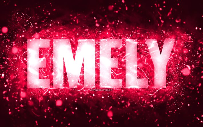 Joyeux anniversaire Emely, 4k, n&#233;ons roses, nom Emely, cr&#233;atif, joyeux anniversaire Emely, anniversaire Emely, noms f&#233;minins am&#233;ricains populaires, photo avec le nom Emely, Emely