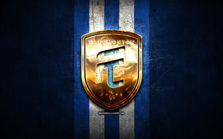 FC Edmonton, altın logo, Kanada Premier Ligi, mavi metal arka plan, futbol, Kanada Futbol Kul&#252;b&#252;, FC Edmonton logo, Edmonton FC