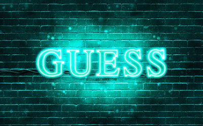 Guess turkuaz logo, 4k, turkuaz brickwall, Guess logo, markalar, Guess neon logo, Guess