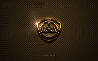 Lancia kultainen logo, kuvitus, ruskea metalli tausta, Lancia tunnus, luova, Lancia logo, tuotemerkit, Lancia