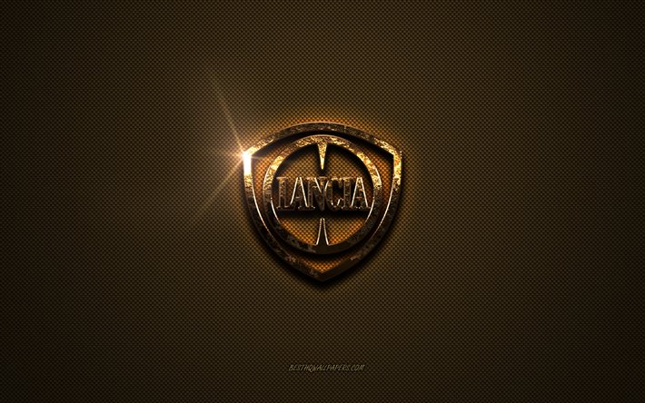 Logo Lancia dorato, opere d&#39;arte, sfondo marrone in metallo, emblema Lancia, creativo, logo Lancia, marchi, Lancia
