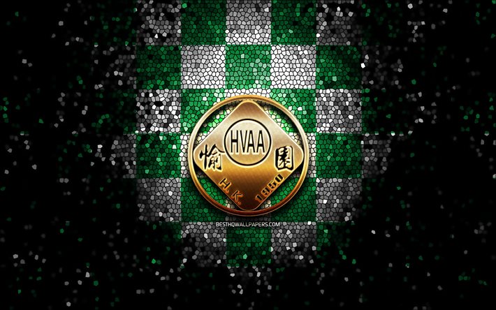 Happy Valley AA, glitter logo, Hong Kong Premier League, green white checkered background, soccer, Hong Kong football club, Happy Valley AA logo, mosaic art, HVAA logo, football, Happy Valley AA FC