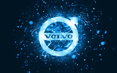 Volvo blue logo, 4k, blue neon lights, creative, blue abstract background, Volvo logo, cars brands, Volvo