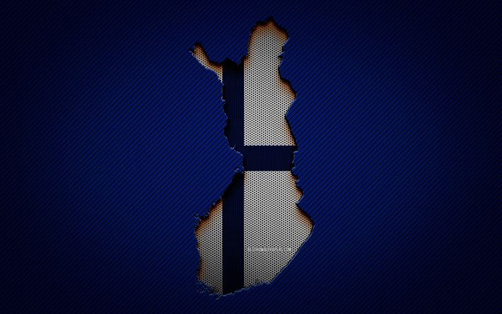 Carte de la Finlande, 4k, pays europ&#233;ens, drapeau finlandais, fond bleu carbone, silhouette de la carte de la Finlande, drapeau de la Finlande, Europe, carte finlandaise, Finlande