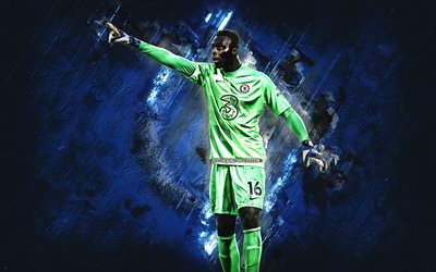 Edouard Mendy, Chelsea FC, Senegalese footballer, goalkeeper portrait, blue stone background, Premier League, soccer, England
