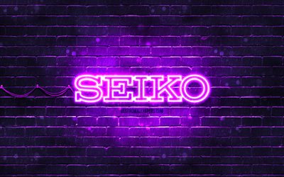 Seiko violet logo, 4k, violet brickwall, Seiko logo, markalar, Seiko neon logo, Seiko
