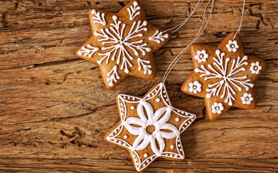 4k, gingerbread cookies, christmas sweets, christmas decorations, New Year decoration, Happy New Year, Merry Christmas, brown wooden background, new year concepts, xmas decorations